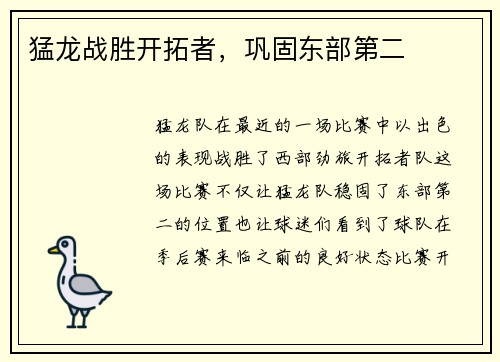 猛龙战胜开拓者，巩固东部第二