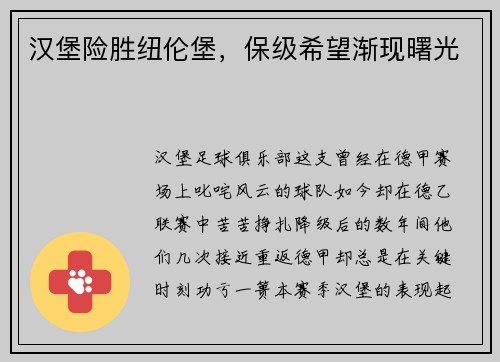 汉堡险胜纽伦堡，保级希望渐现曙光