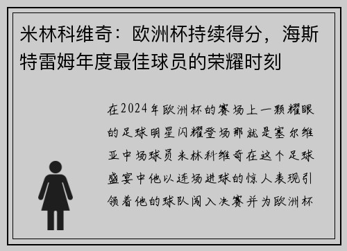 米林科维奇：欧洲杯持续得分，海斯特雷姆年度最佳球员的荣耀时刻